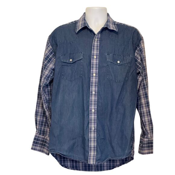 Vintage Wrangler Denim & Plaid Shirt XL Pearl Snap Western Cowboy Rodeo Style - Picture 1 of 8